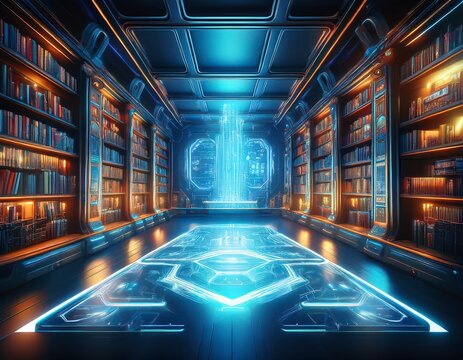 futuristic library where ai organizes and presents information as glowing holograms