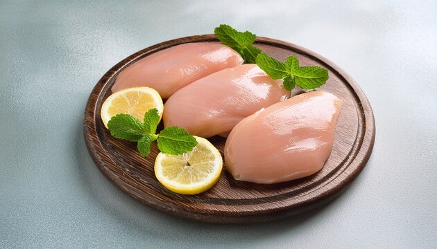 raw chicken breasts preparing with mint and lemon slices