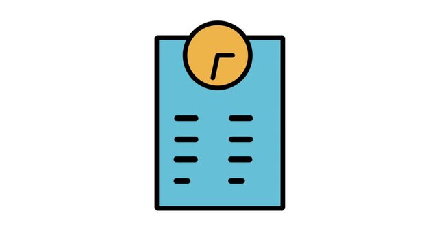 Animated project timeline icon with a clock and structural list on a document, representing time tracking, scheduling, and task management.