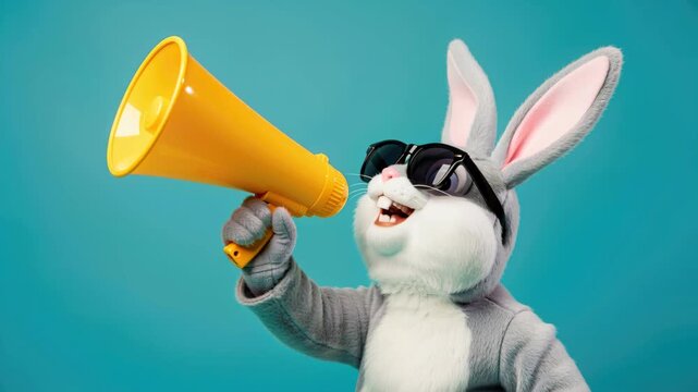 Rabbit Announcer with Megaphone: A charismatic rabbit character wearing sunglasses and a gray suit holds a bright yellow megaphone, announcing with excitement against a vibrant teal background.