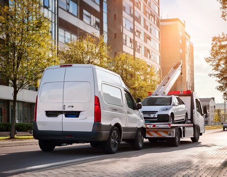 tow truck transporting white van on urban street