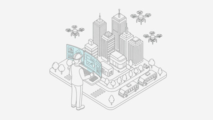 Naklejka premium Smart City Management Isometric Line Art: Engineer Controlling Urban Infrastructure with Digital Dashboard and Drones