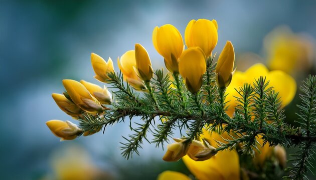 yellow gorse flowers blooming on green shrub branch