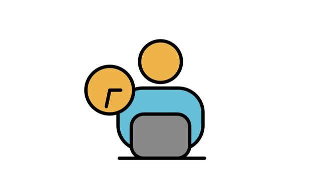 Animated office worker icon tracking time on a laptop computer, representing billable hours management, productivity tracking, and deadline enforcement systems.