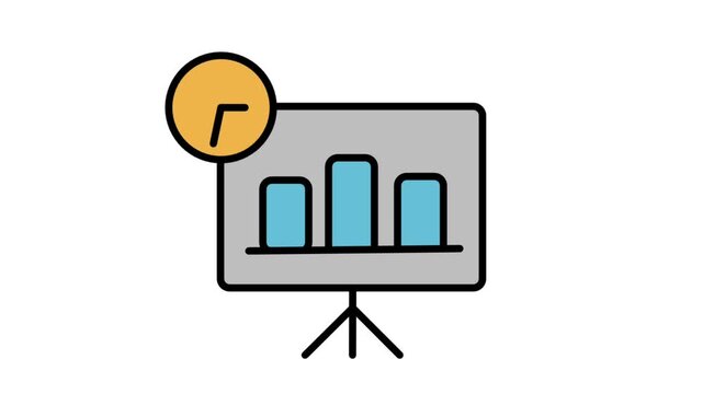 Animated statistics whiteboard icon showing bar charts and a clock, illustrating real-time project metrics, schedule tracking, and marketing updates.