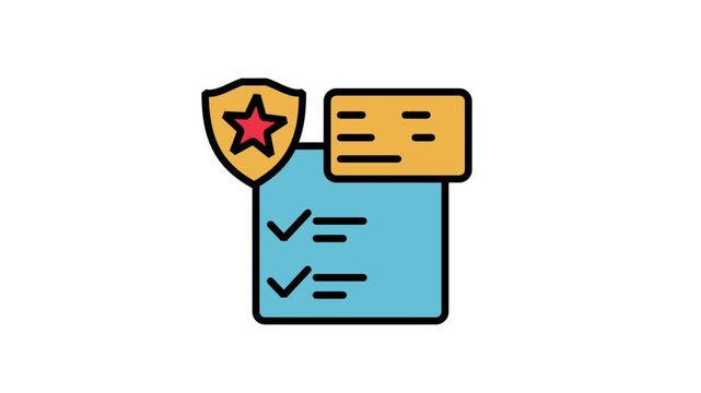 Animated audit checklist document icon with a protective star shield, symbolizing verified regulatory compliance, safe data storage, and certified procedures.