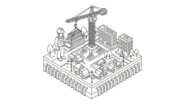 Isometric Construction Site Line Art Illustration featuring a Tower Crane, Engineer, and Urban Buildings on a Technical Platform - Minimalist Architectural Concept