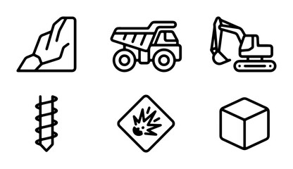 Mining Icons Set: Dump Truck, Excavator, Rock, Drill, Explosion Sign, Cube © Arafat