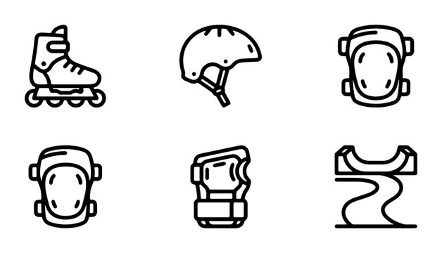 Rollerblade Skating Icons Set, Safety Gear & Skatepark Elements, Line Art Vector Graphics