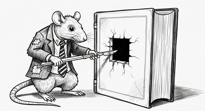 Cartoon rat shooting hole in large book illustration.