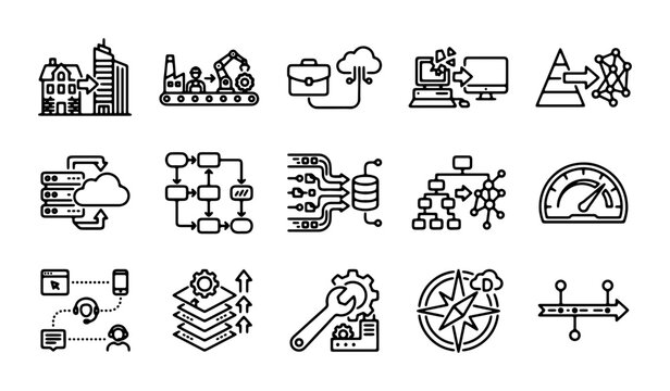 Data Flow Icons: Network, Cloud, Process, System, Technology, Business Icons