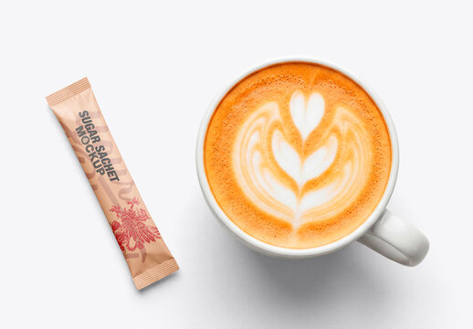 Coffee sachet and latte mockup