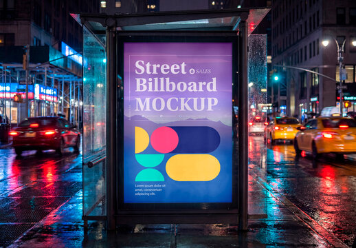 Bus stop billboard mockup at night