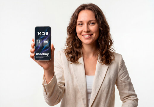 Smiling woman holding blank smartphone screen mockup