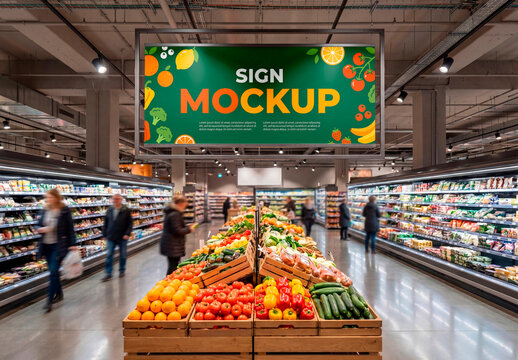 Hanging supermarket banner mockup above produce aisle