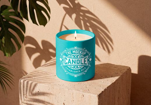 Minimal ceramic candle mockup with tropical shadows