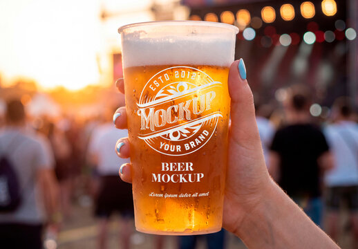 Plastic beer cup at festival mockup