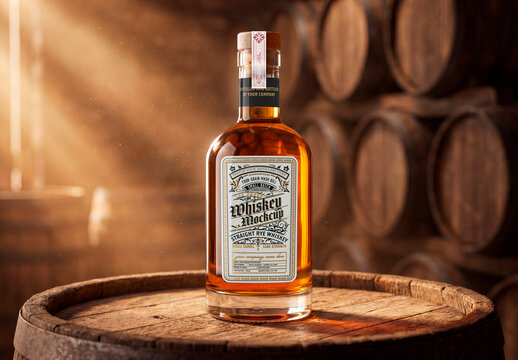 Amber liquor bottle on wooden barrel in cellar