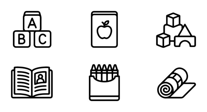 Education Icons Set: ABC Blocks, Book, Crayons, Yoga Mat, Learning Symbols for Kids