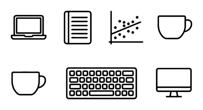 Business Icons Set: Laptop, Notebook, Graph, Coffee Cups, Keyboard, Computer Monitor