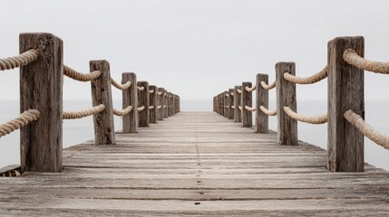 Obraz premium Wooden Pier Stretching into a Misty Horizon Over Calm Water.