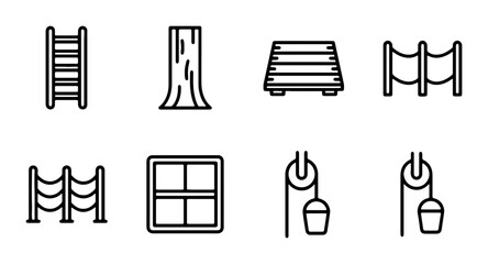 Outdoor Adventure Icons: Rope Bridge, Ladder, Pulley, Tree Trunk, Platform, Window Elements © Junaid