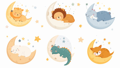 Obraz premium Cute Baby Animals Sleeping Peacefully on Crescent Moons with Twinkling Stars.