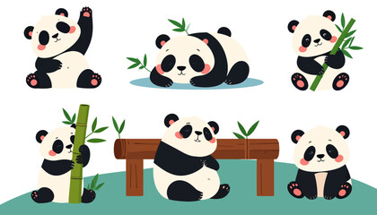 Naklejka premium Adorable Cartoon Pandas Collection Posing Playfully with Bamboo Shoots.