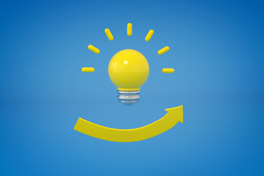 Glowing light bulb over a growth arrow like smile face, Modern light bulbs for idea concept 3d rendering 