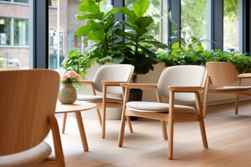 Fototapeta premium Cozy Scandinavian Waiting Area with Wooden Chairs and Lush Greenery for Relaxation