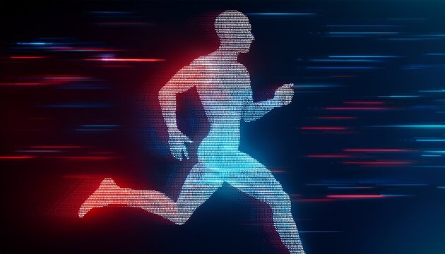 digital runner silhouette with pixelated data and red blue distortion effect