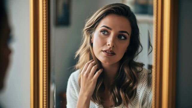 Woman Gazing in Mirror: A thoughtful woman with long, wavy hair gazes into a golden-framed mirror, her hand gently touching her locks, reflecting a moment of introspection and self-awareness.