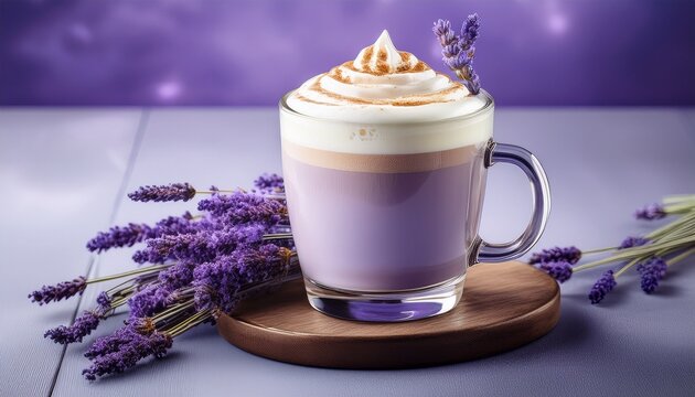 elegant lavender latte with whipped cream in glass mug and lavender flower decoration