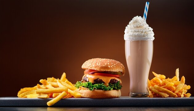 fast food items featuring a drippy milkshake soda hamburger and french fries