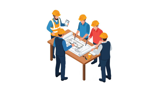 Architectural Engineering Team Meeting with Construction Workers and Blueprints Isometric Illustration on White Background