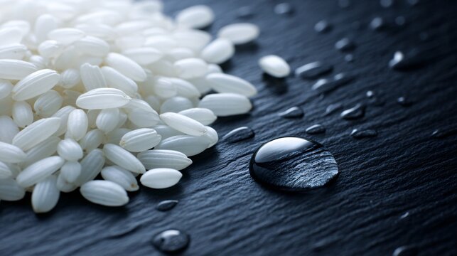 sake rice grains and water ingredients concept, brewing process storytelling, macro detail, natural textures, educational editorial image