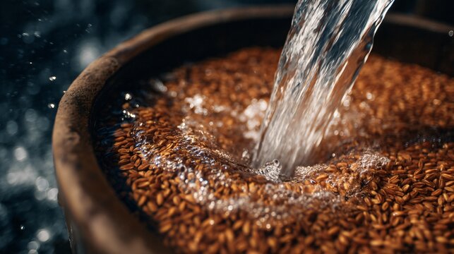 sake rice grains and water ingredients concept, brewing process storytelling, macro detail, natural textures, educational editorial image