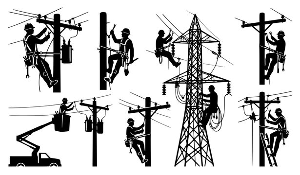 Power pole lineman silhouette bundle vector electrical maintenance set