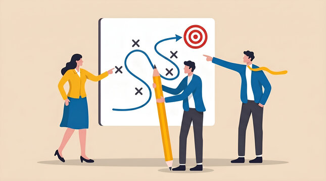 Business team collaboratively plans strategic path to achieve company goals, outlining solutions and overcoming challenges with effective teamwork