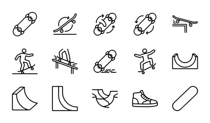 Skateboarding Icons Set: Tricks, Ramps, and Skater Graphics for Extreme Sports Design © Rashed