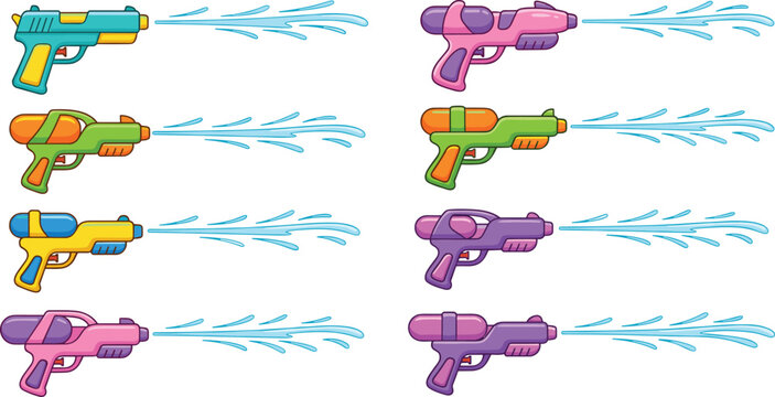 Water gun vector set with colorful toy blasters shooting splashes for summer pool games kids beach parties and outdoor fun activities vector illustration