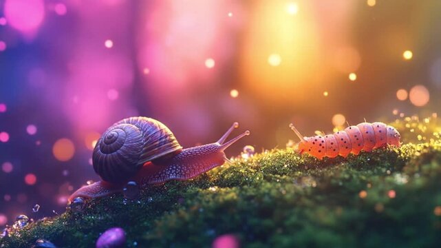 snails crawling on green moss in dreamy macro nature atmosphere relaxing animal video.