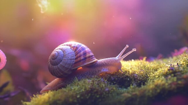snails crawling on green moss in dreamy macro nature atmosphere relaxing animal video.