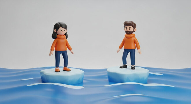 Two Cartoon Characters Standing on Floating Ice Blocks.