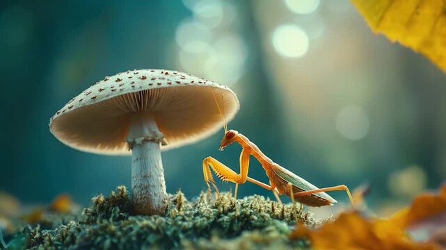 Dreamy praying mantis macro video beside a glowing mushroom in an enchanted forest with cinematic bokeh light.