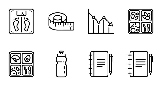 Healthy Lifestyle Icons: Weight Loss, Nutrition, Fitness Tracking, Diet Planning