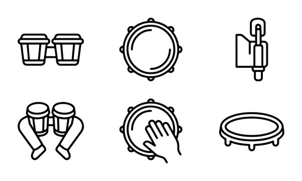 Percussion Instruments Vector Icons: Drums, Bongos, Tambourine, Rhythm Elements