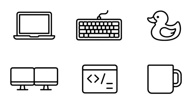 Minimalist Icon Set: Laptop, Keyboard, Duck, Monitors, Code, Mug Icons for Tech and Design