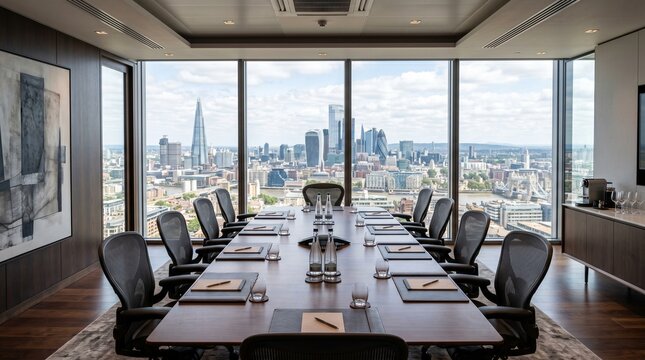 Elegant executive boardroom background for professional business presentation with a city view
