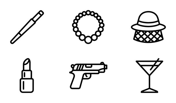 Retro Glamour Icons: Lipstick, Pearls, Hat, Gun, Martini, Cigarette Holder Vector Set